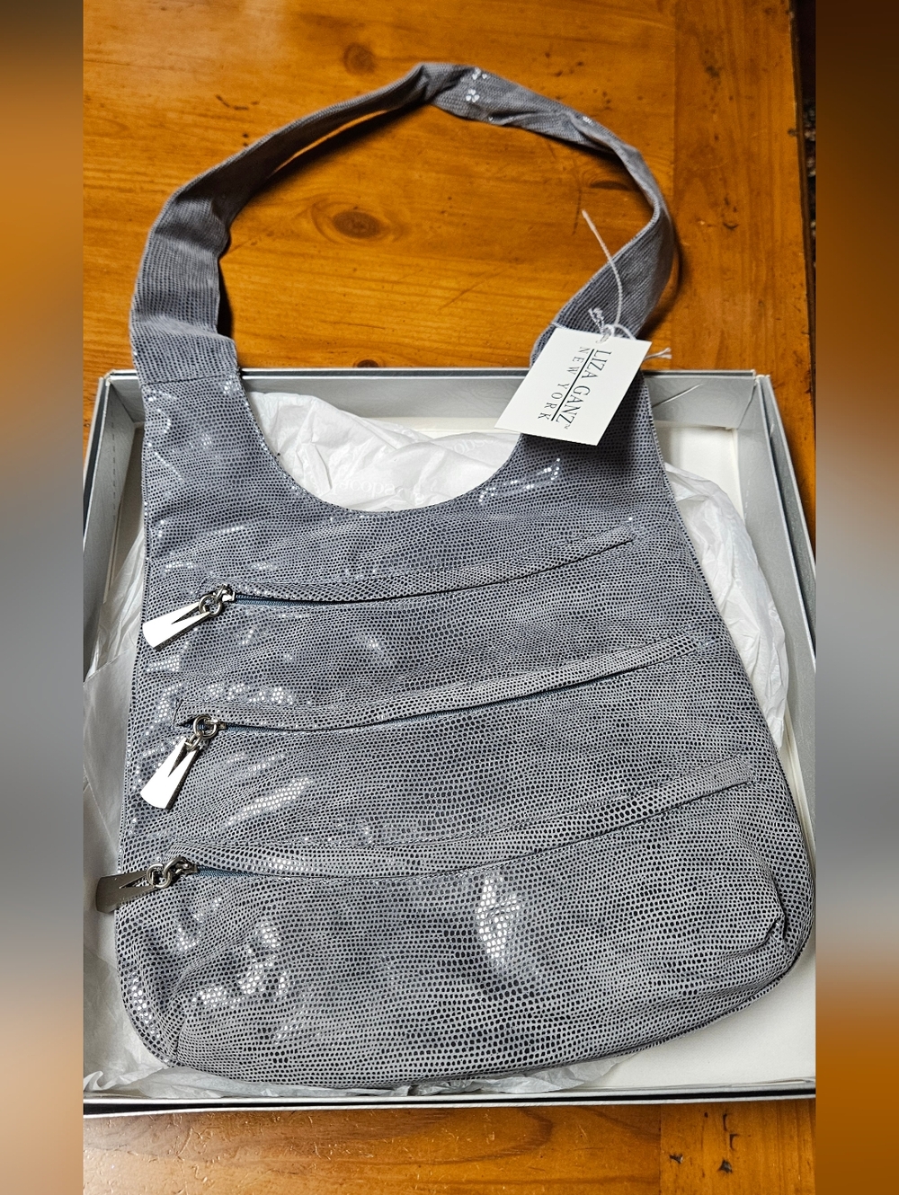 Lisa Gantz Vintage Gray Metallic Shoulder Bag with Triple Zip Front NWT
